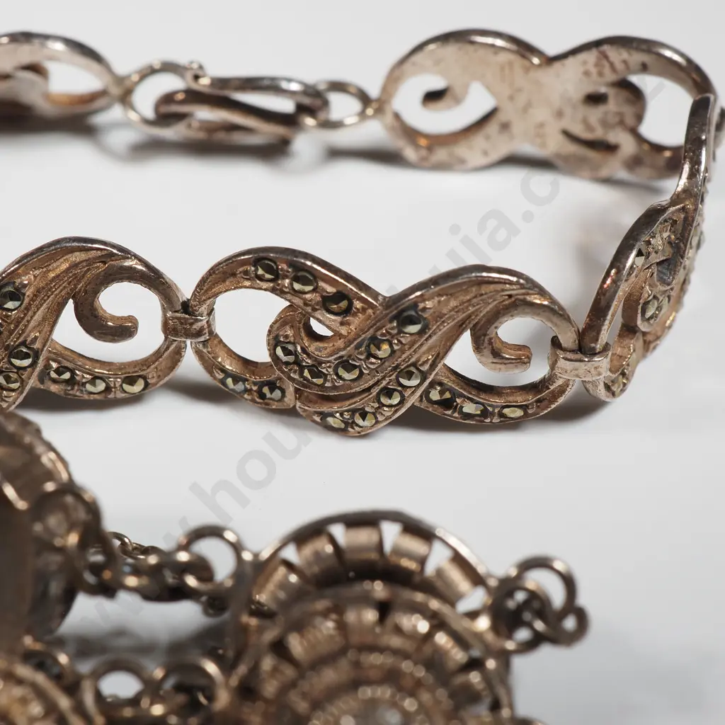 Sterling Silver & Marcasite Bracelet, A Thai Silver Bracelet & A Sterling Bracelet with Interlinking Scroll Medallions Image 1++