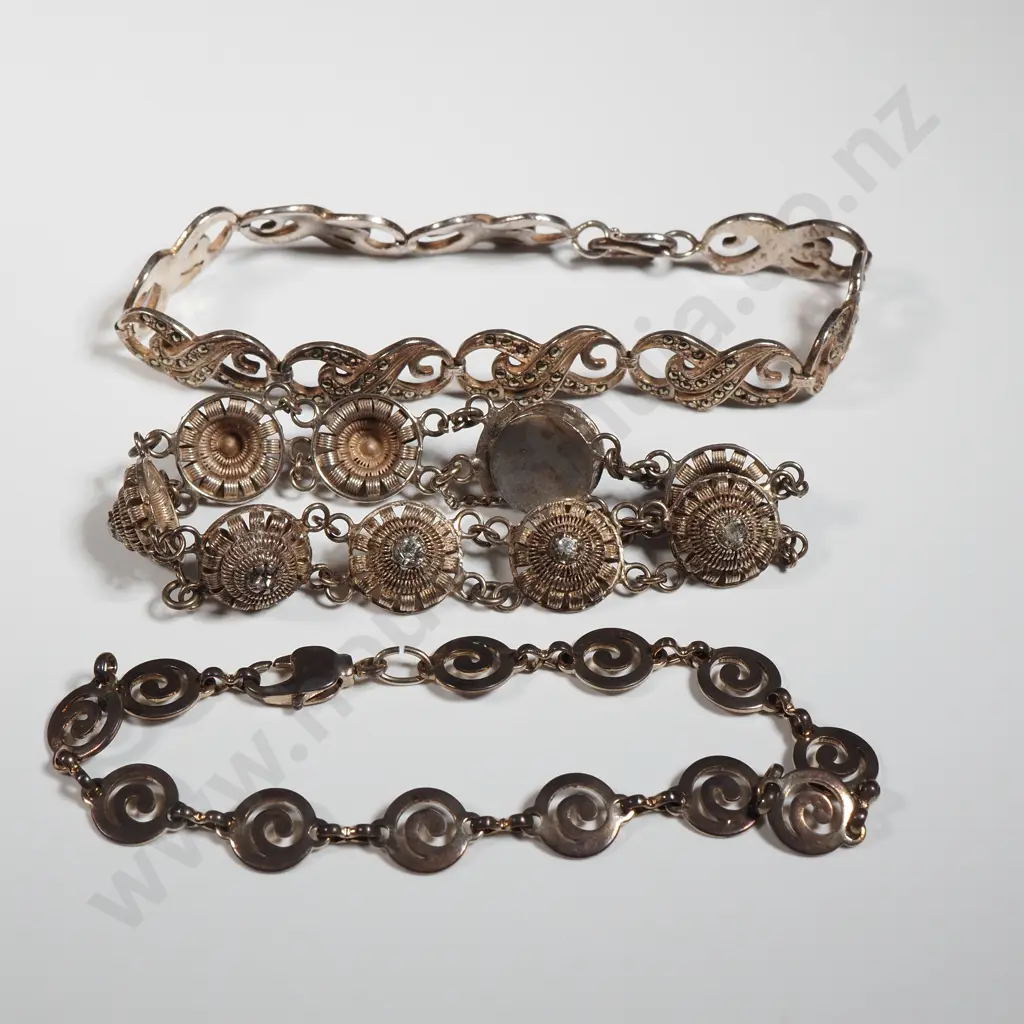 Sterling Silver & Marcasite Bracelet, A Thai Silver Bracelet & A Sterling Bracelet with Interlinking Scroll Medallions Image 1++