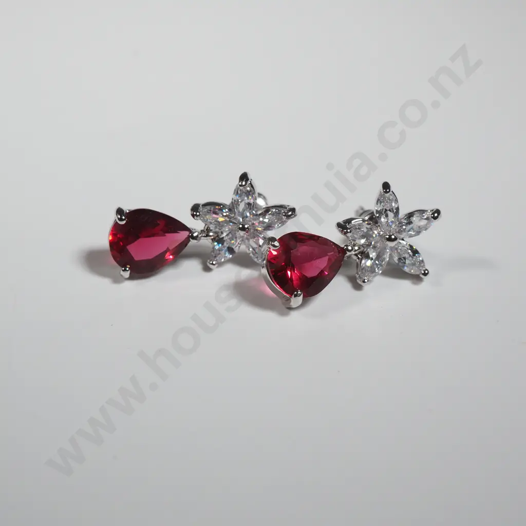 Sterling Silver Drop Earrings Set With Red & White Stones  Image 1++