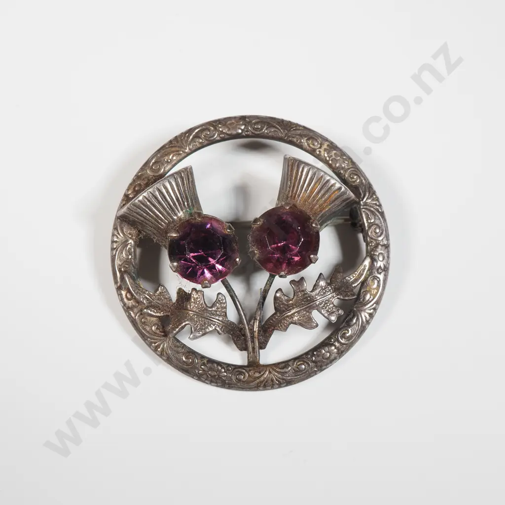 Sterling Silver Scottish Brooch Featuring Two Thistles set With Two Purple Stones  Image 1++