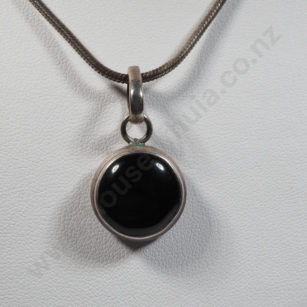Sterling Silver Snake Chain With Circular Black Pendant Image 1++