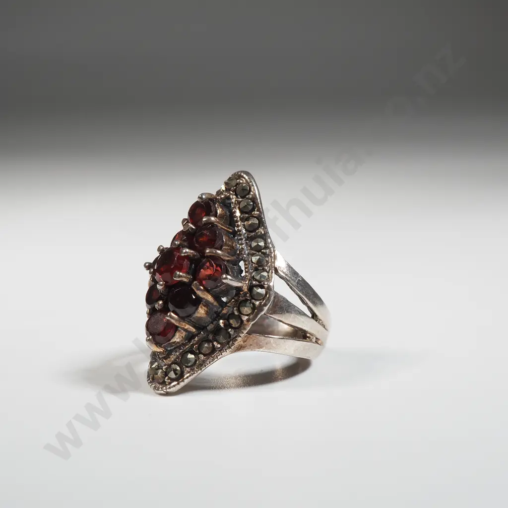 Sterling Silver Marcasite & Red Stone Ring  Image 1++
