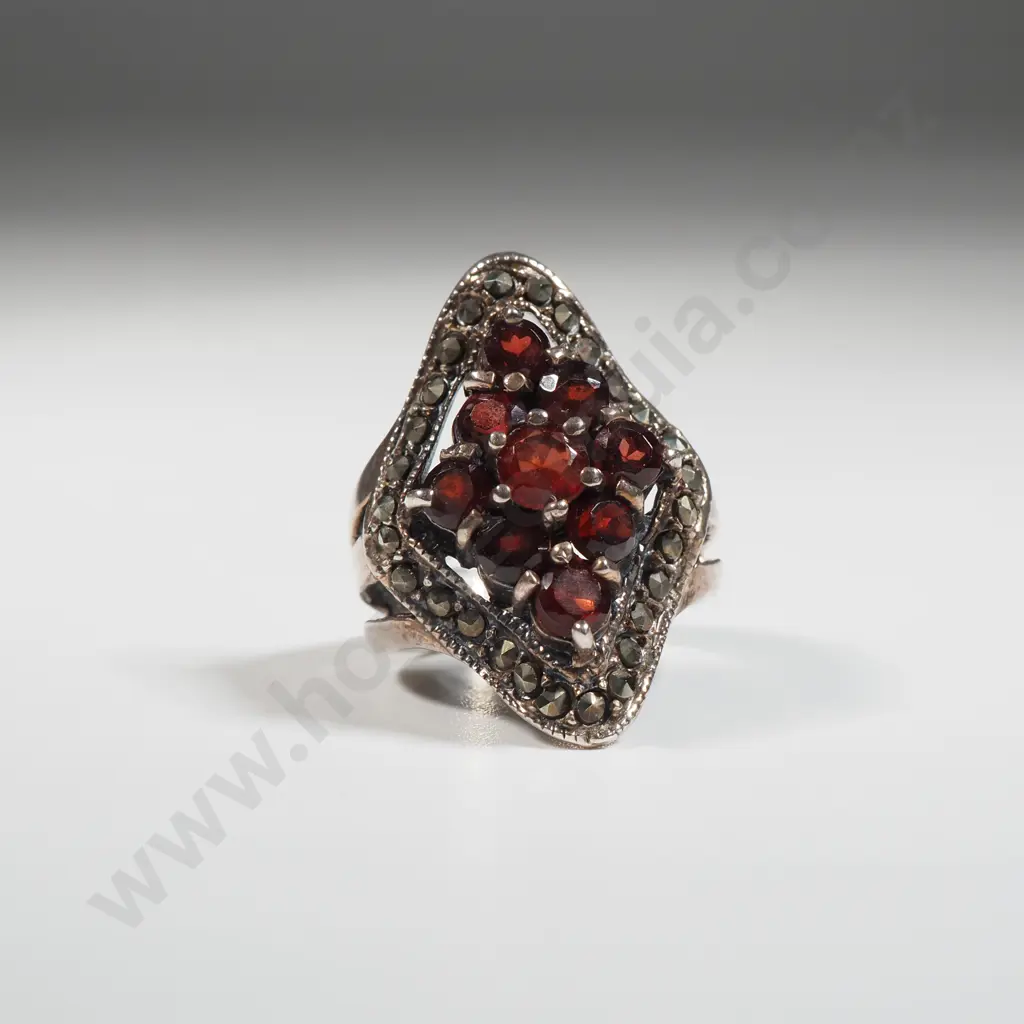 Sterling Silver Marcasite & Red Stone Ring  Image 1++
