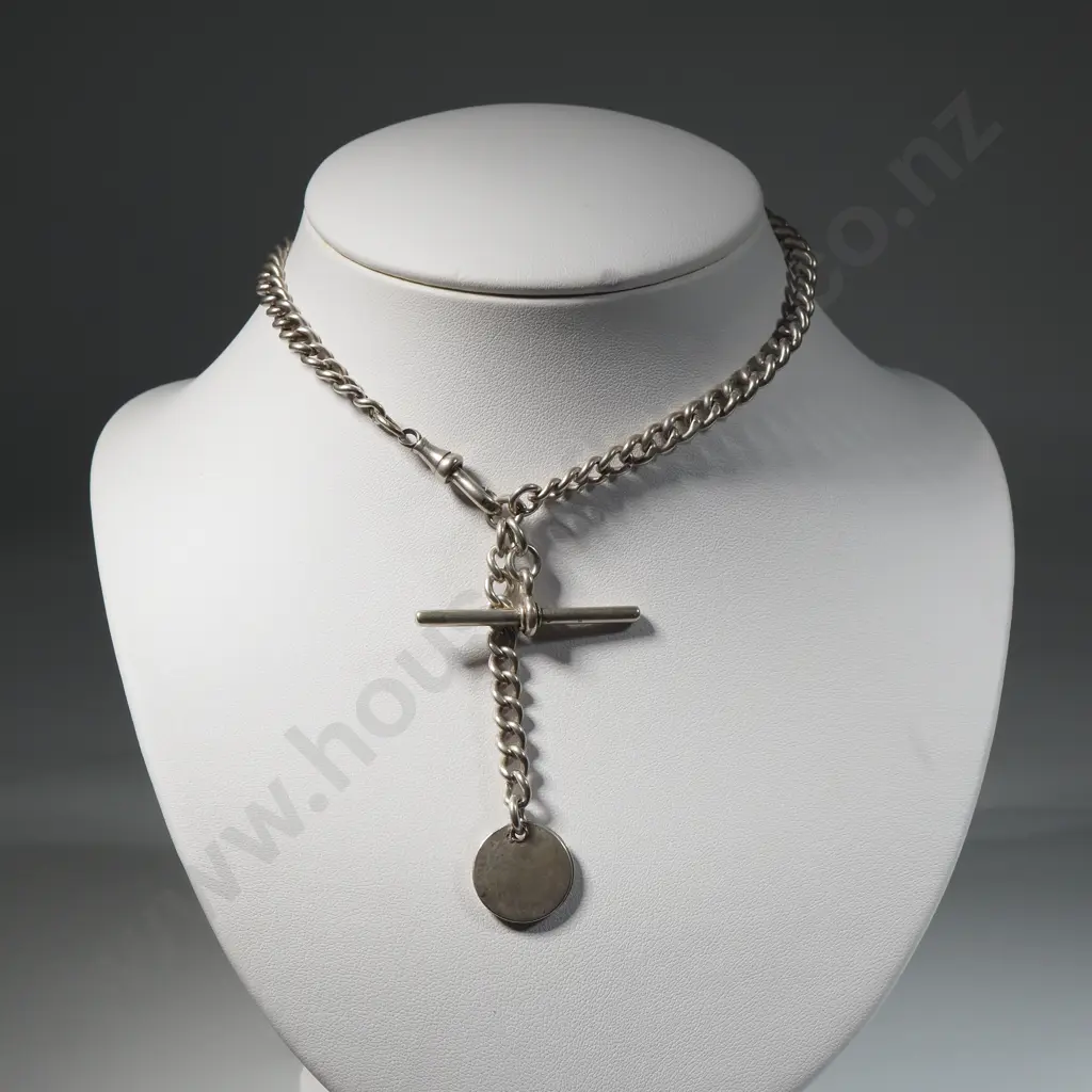 Sterling Silver Graduated Watch Fob With T Bar & French Silver Coin & Mexican Coin  Image 1++