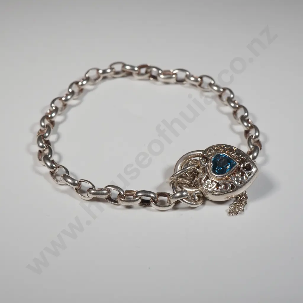 Sterling Silver Chain Link Bracelet With Filigree Heart Locket Set With A Blue Stone  Image 1++