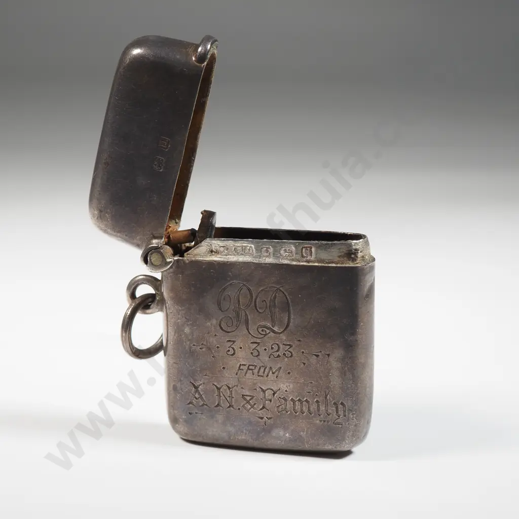 Sterling Silver Vesta Box With Plain Body. Engraved RD 3.3.23 From AN & Family Image 1++