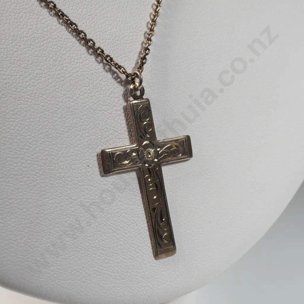 Engraved Sterling Silver Cross With Chain  Image 1++