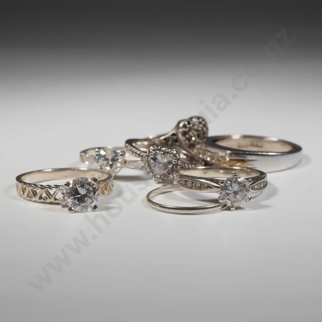 Six Sterling Silver White Stone Rings & Two Sterling Silver Bands Image 1++