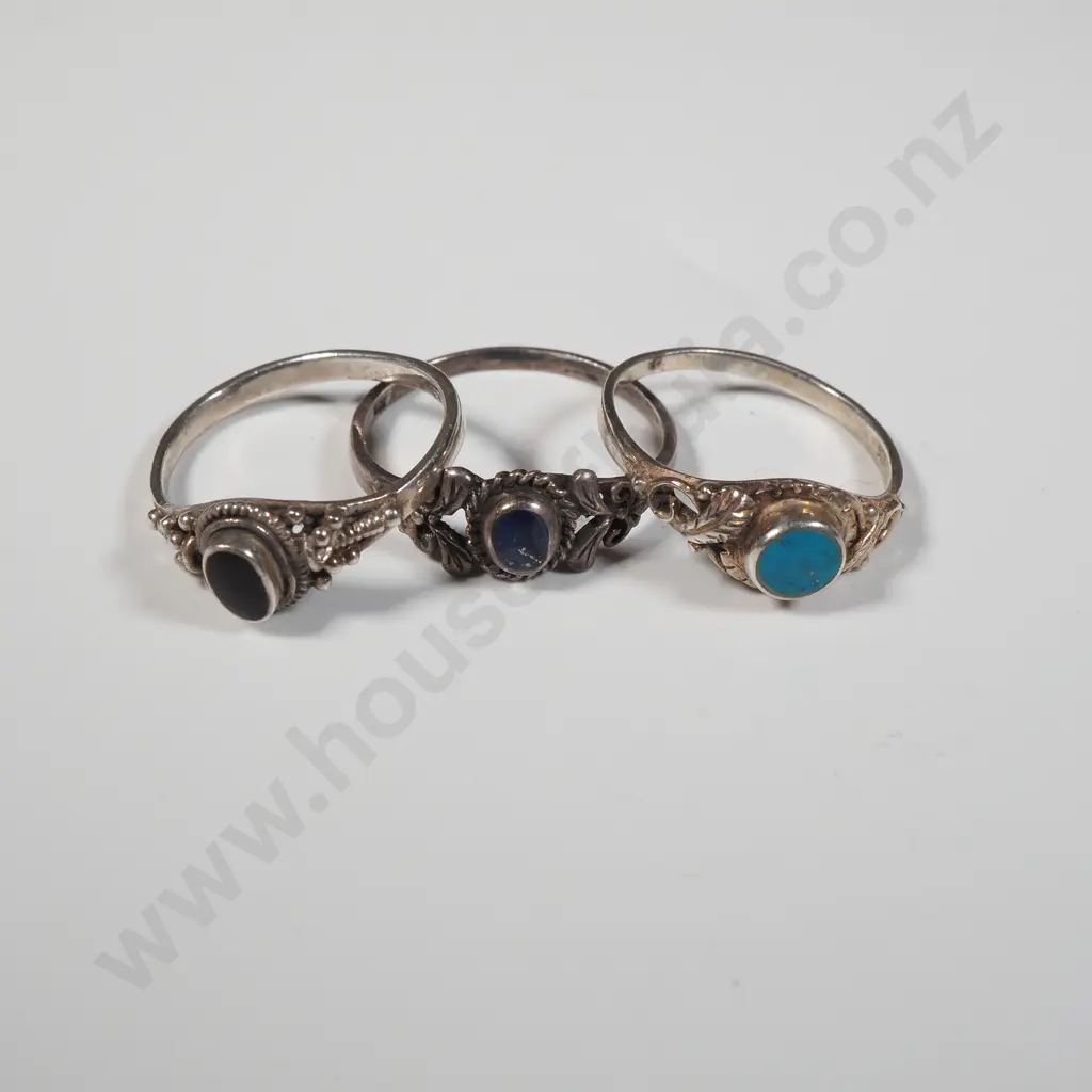 Three Sterling Silver Rings Each With A Single Coloured Stone. Image 1++