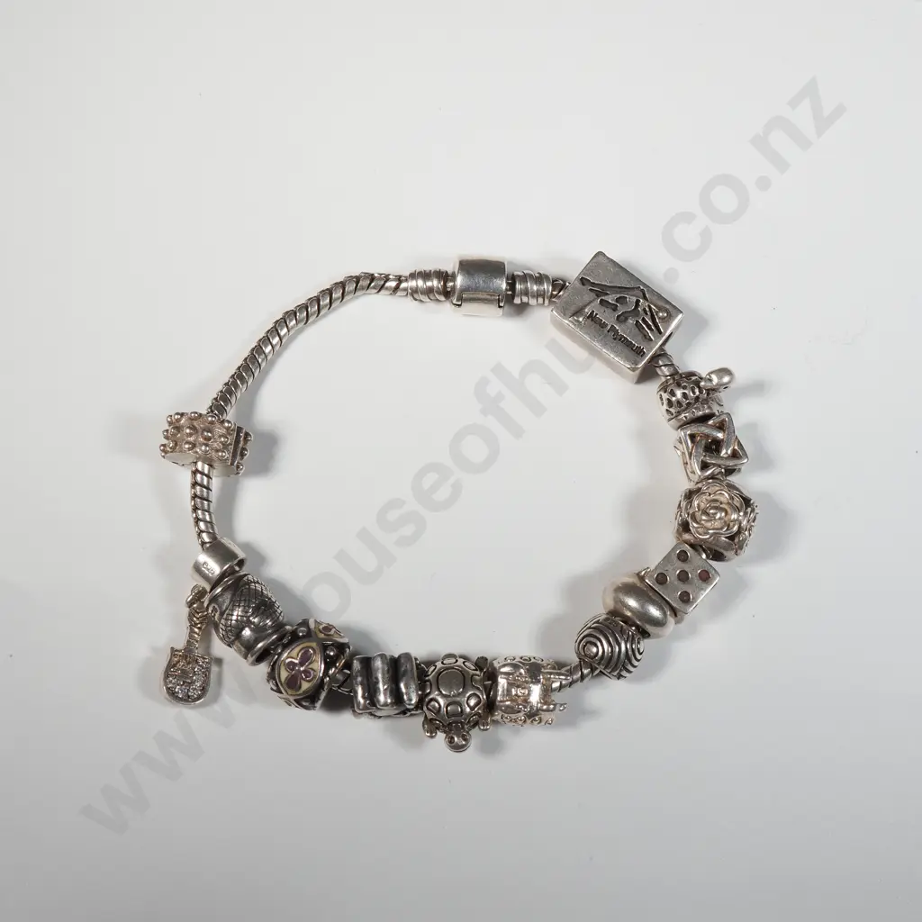 Pandora Style Sterling Silver Charm Bracelet with Fourteen Charms Image 1++