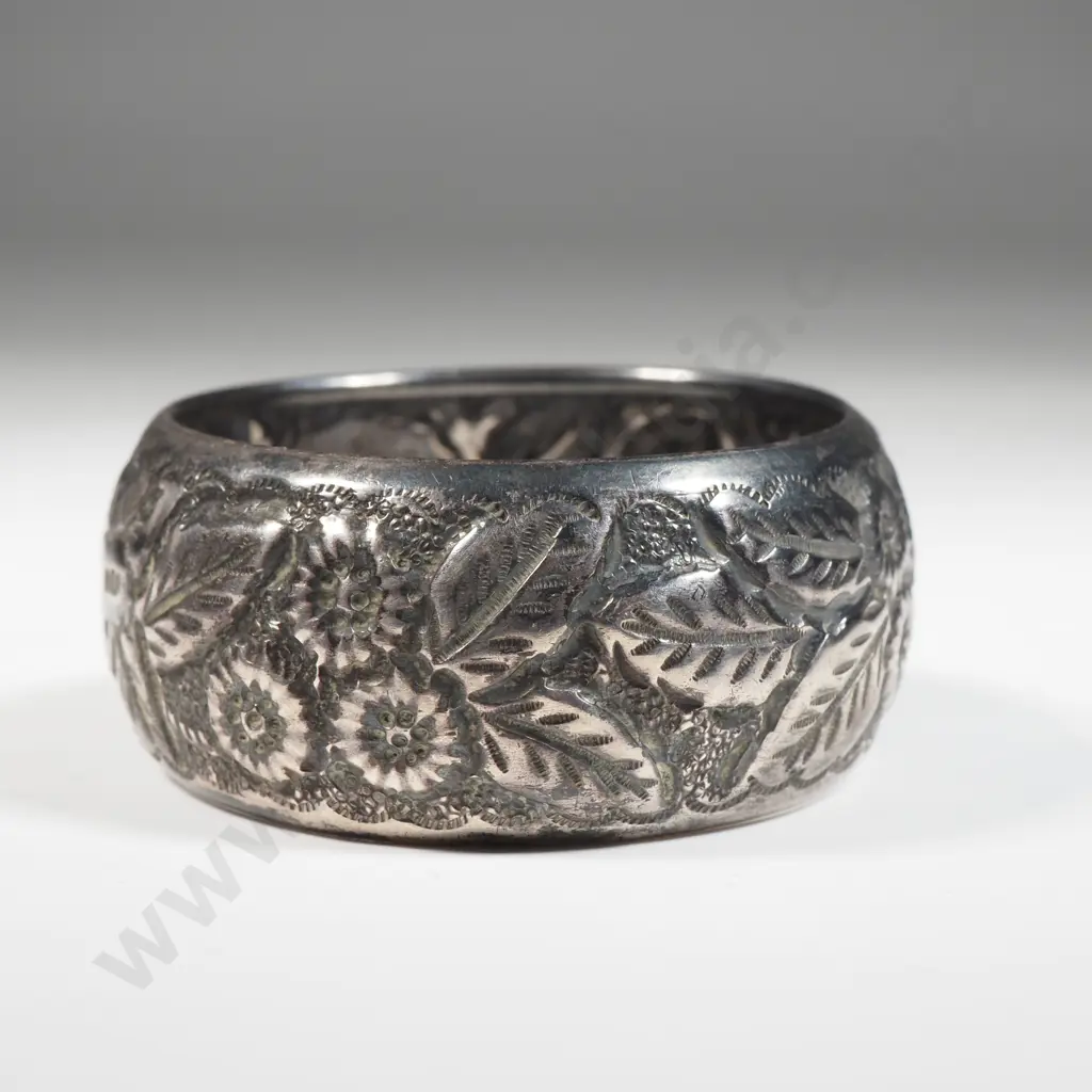 Sterling Silver Serviette Ring With Highly Embossed Detail & Empty Circular Cartouche.  Image 1++