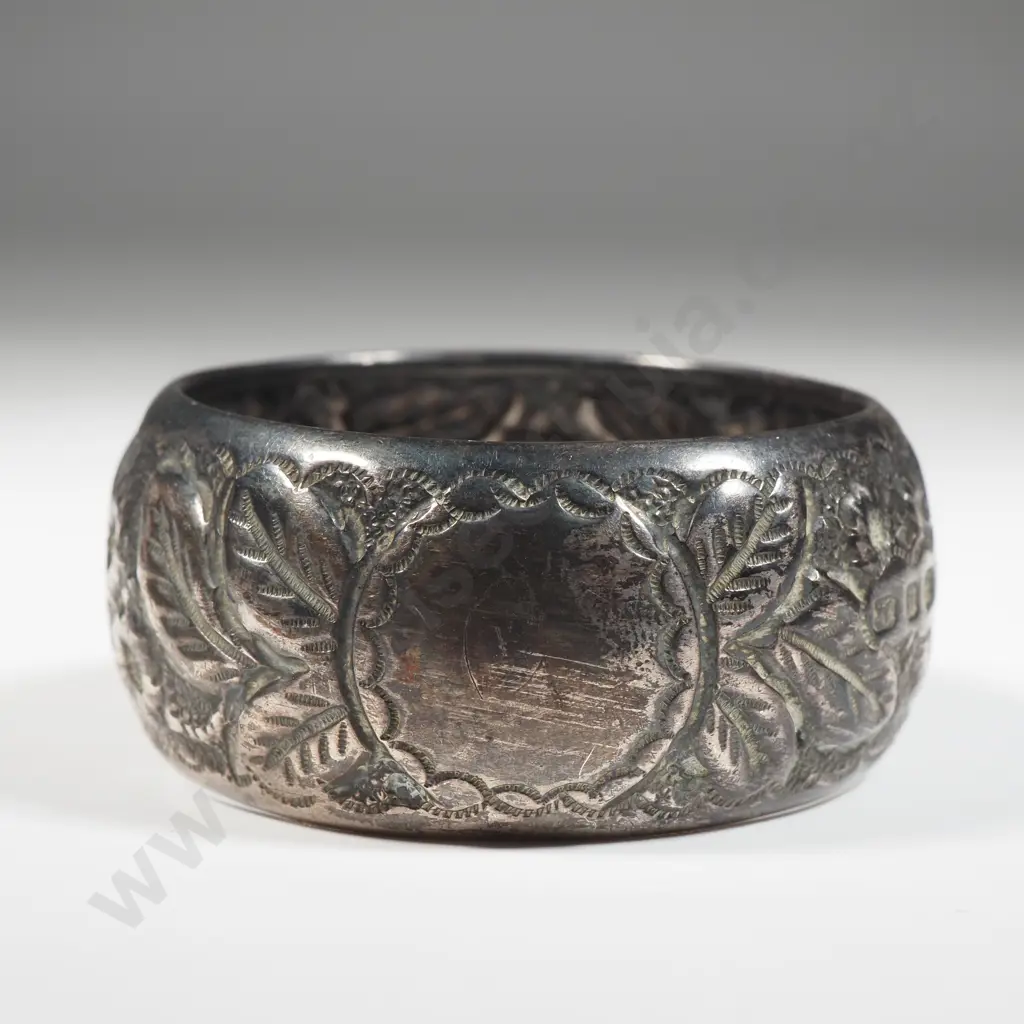 Sterling Silver Serviette Ring With Highly Embossed Detail & Empty Circular Cartouche.  Image 1++