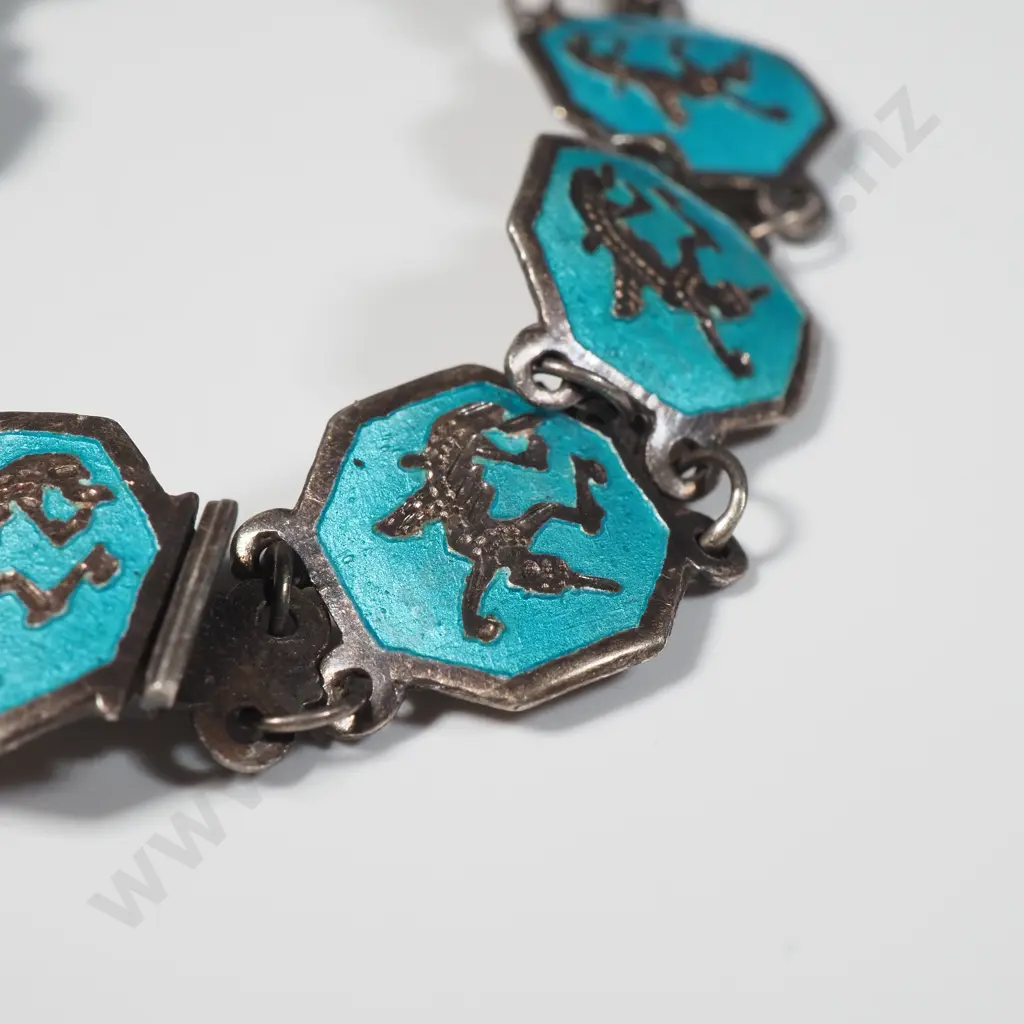 Sterling Silver Siamese Sectional Bracelet Featuring Turquoise Enamel & Dancers. Image 1++
