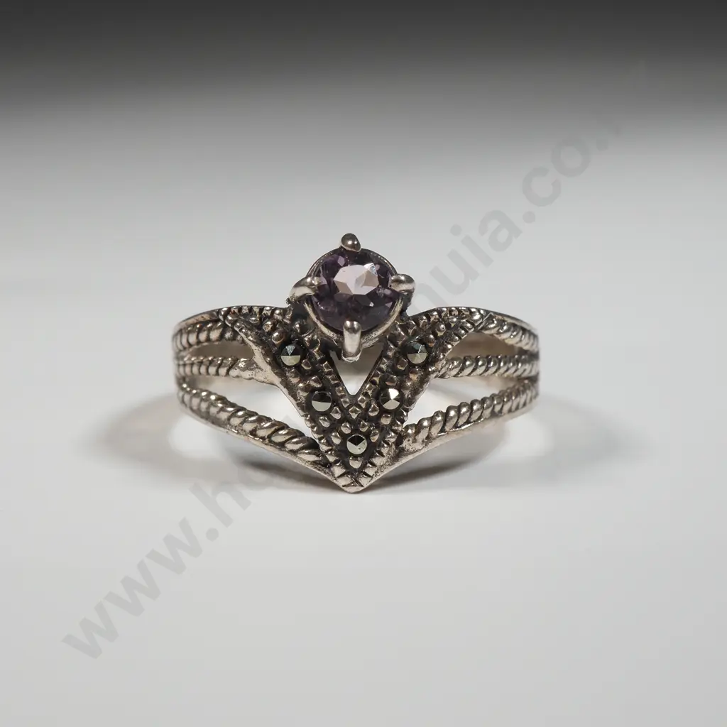 Sterling Silver & Marcasite Ring Set With A Purple Stone  Image 1++
