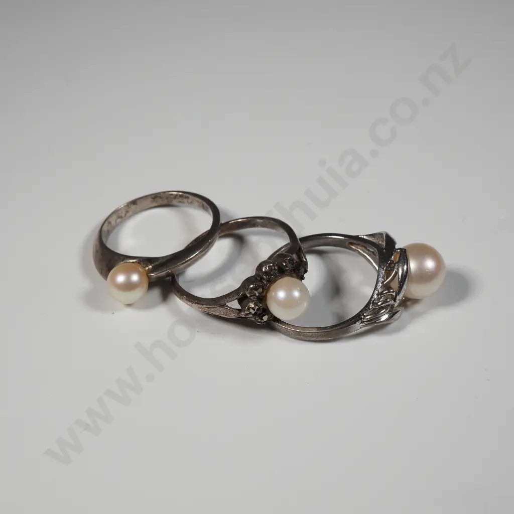Three Sterling Silver & Pearl Rings In Various Settings. Image 1++