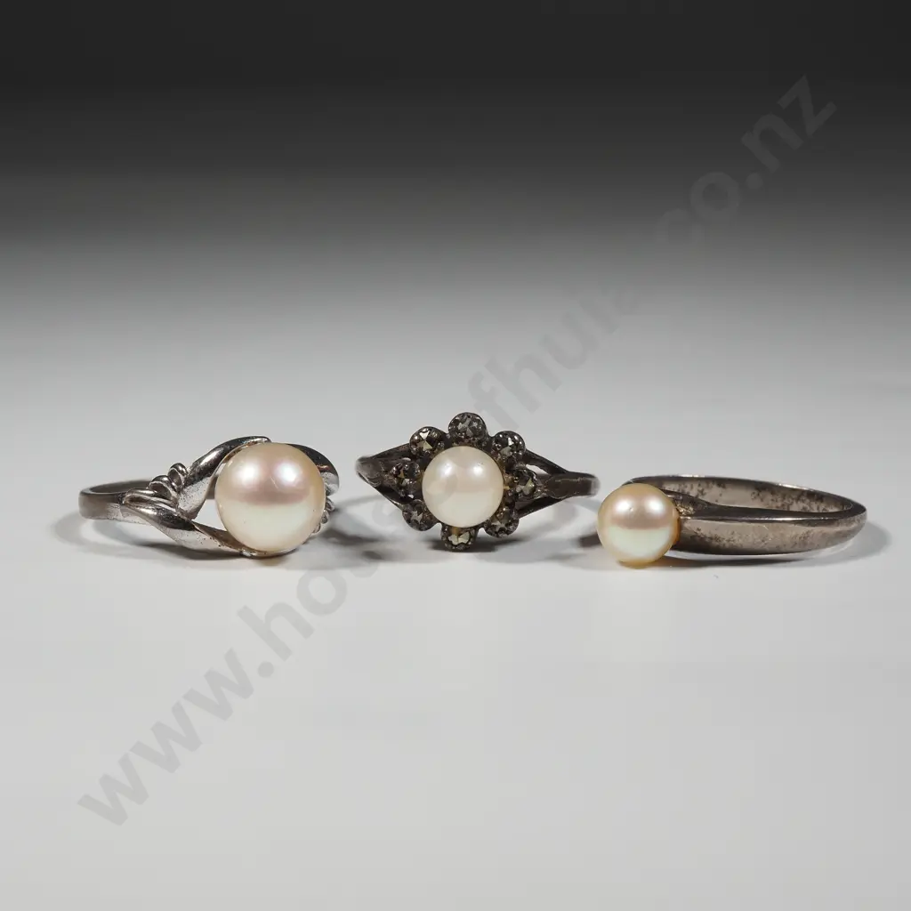 Three Sterling Silver & Pearl Rings In Various Settings. Image 1++