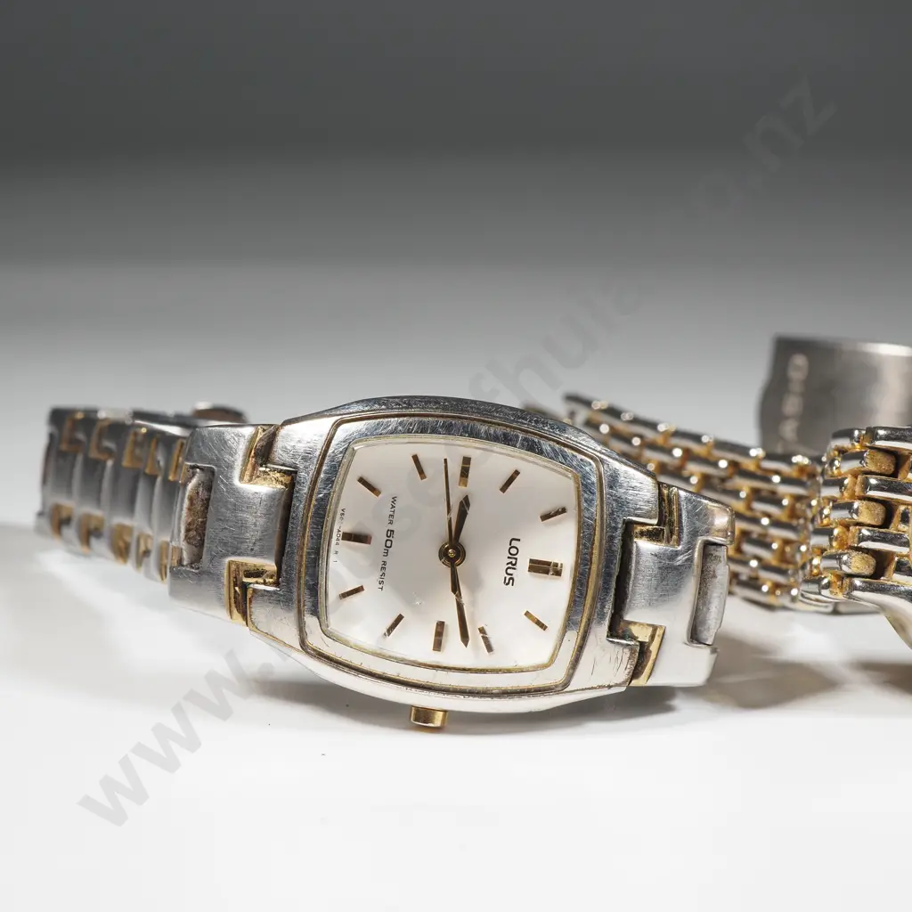 Three Watches Including A  Ladies Rolex Copy Watch, A Lorus Ladies Watch & Mens Casio Digital Watch Image 1++