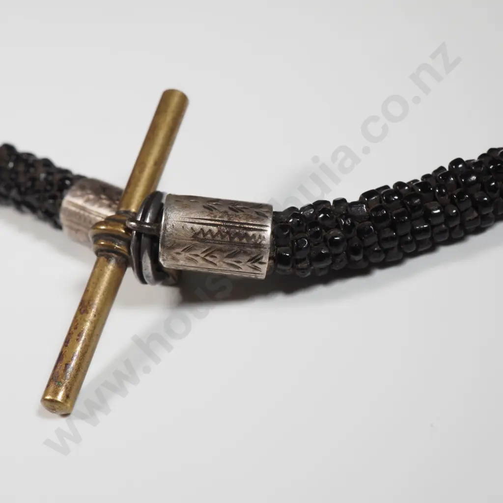 Victorian Black Stone Watch Chain With Silver Mounts  Image 1++