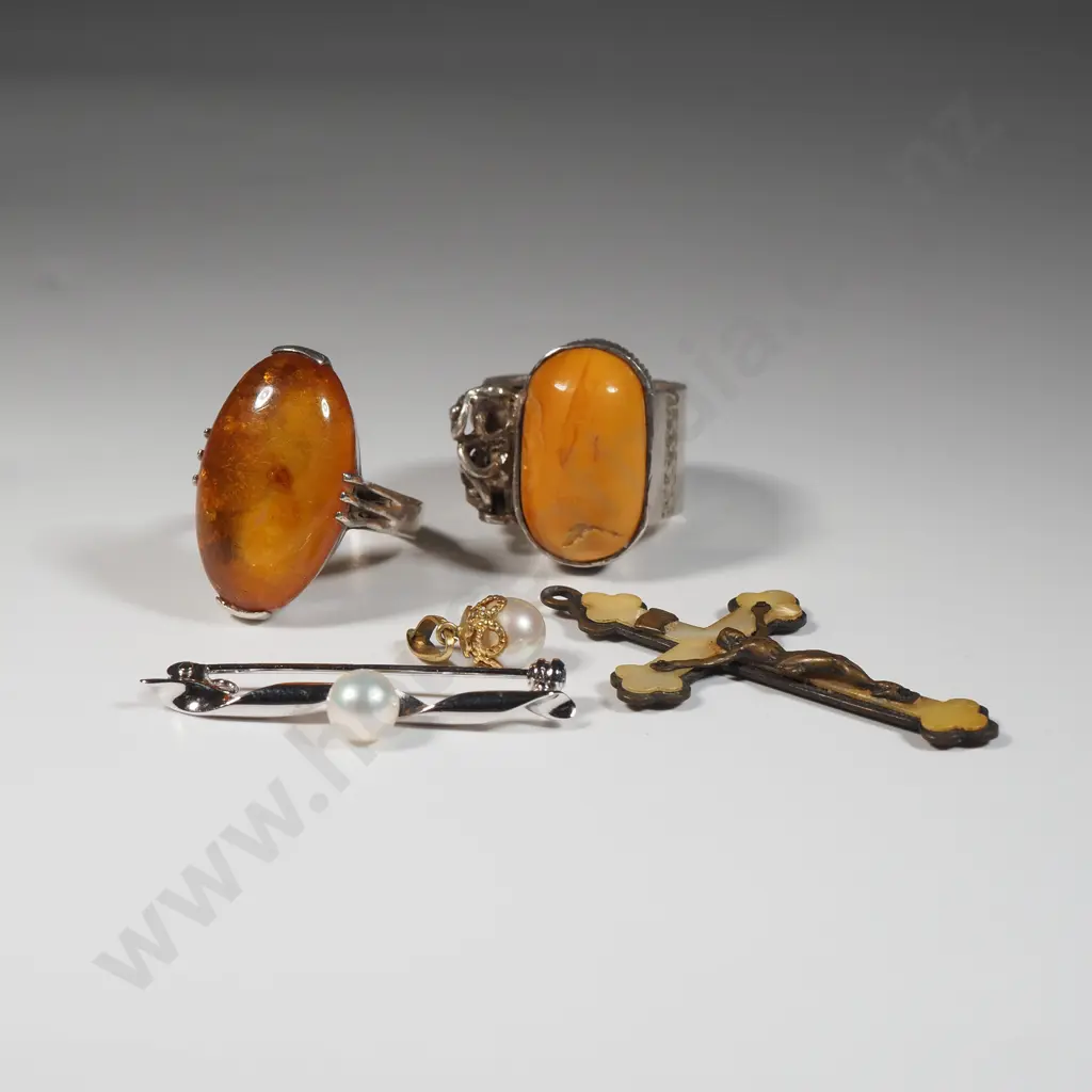 Two Sterling Silver Rings w Yellow Centres, A Pearl Brooch & Pendant (Silver Gilt Mount), & MoP Crucifix. Image 1++