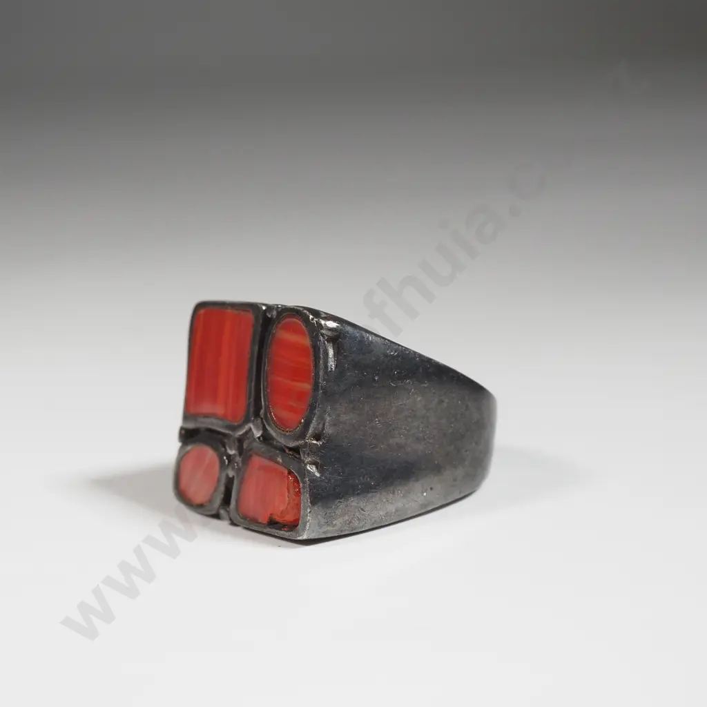 Modernist Brooch Set With Four Sections Of Striated Orange & Red Material  Image 1++