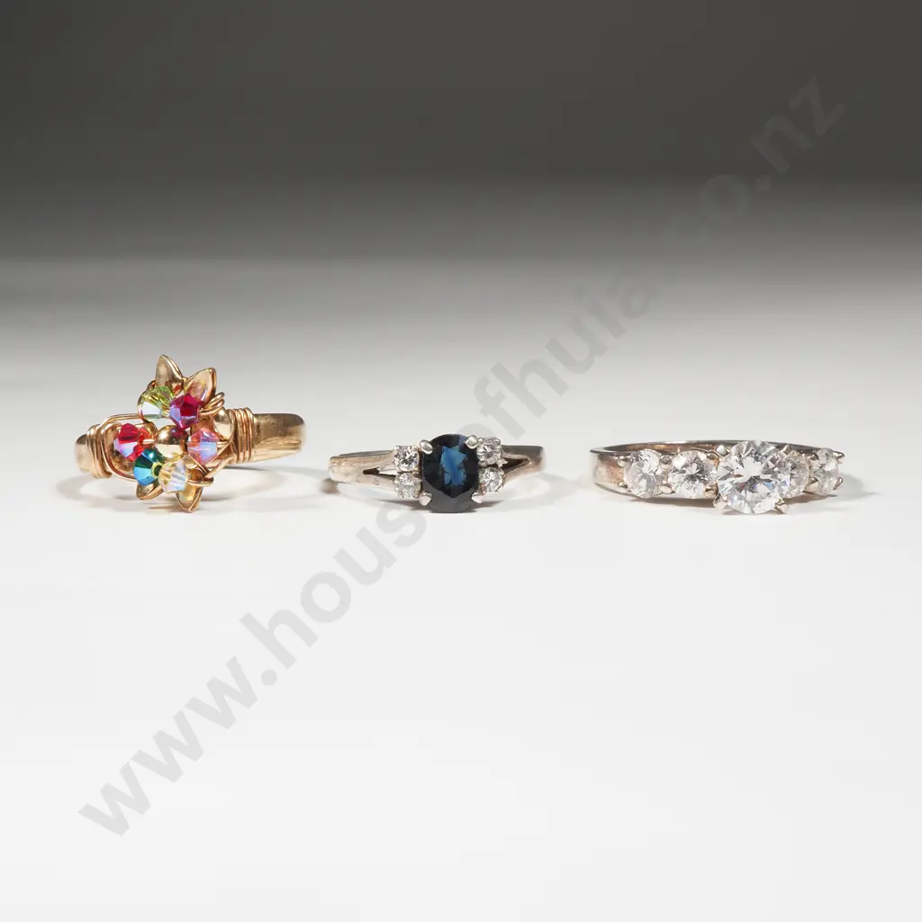 Three Costume Jewellery Rings & A Gold Plated Flat LInk Necklace. Image 1++