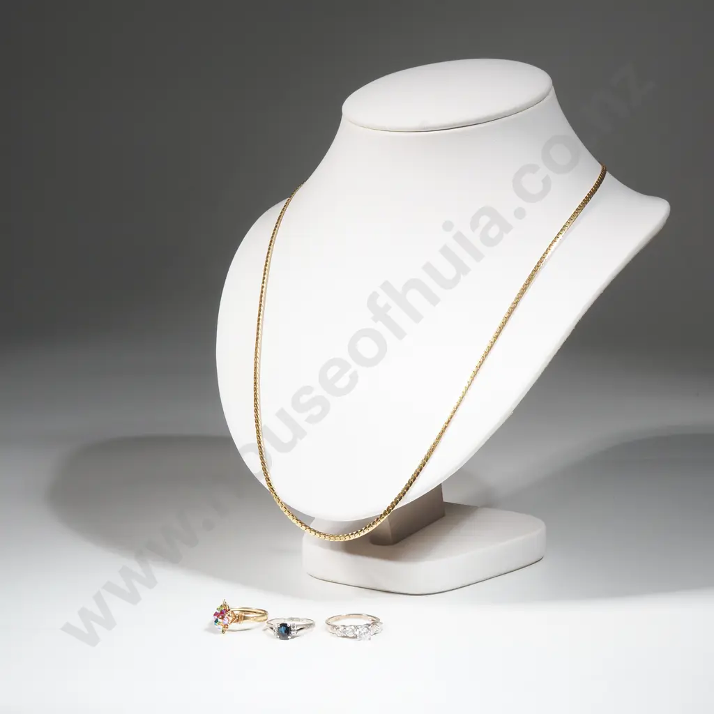 Three Costume Jewellery Rings & A Gold Plated Flat LInk Necklace. Image 1++