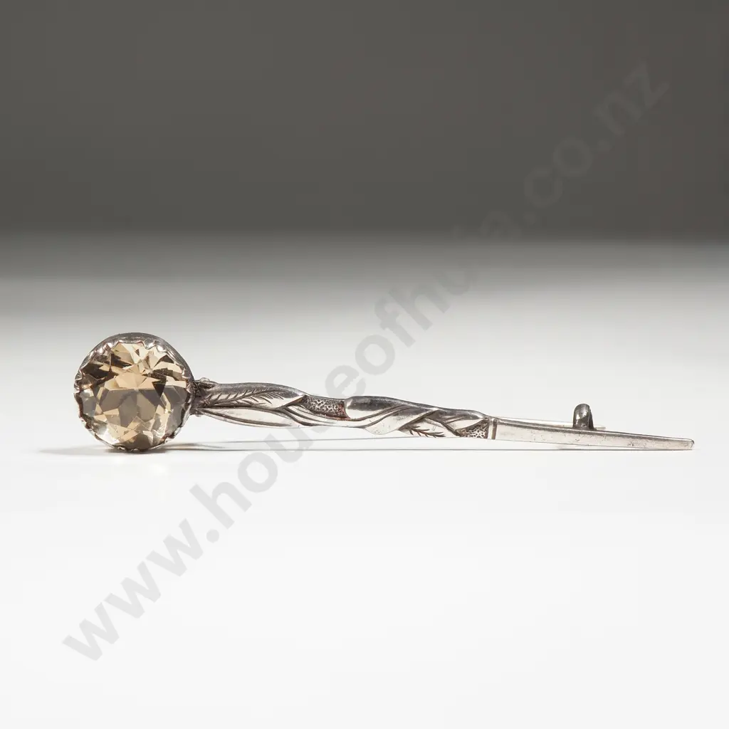 Antique Sterling Silver Scottish Brooch w Yellow Gem Image 1++
