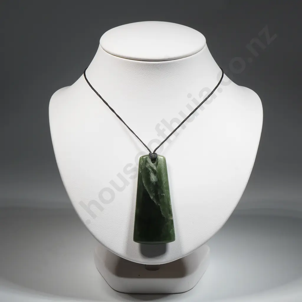 Hand-Carved Kawakawa Greenstone Pendant on a Twisted Cord, Arahura River Sourced Image 1++