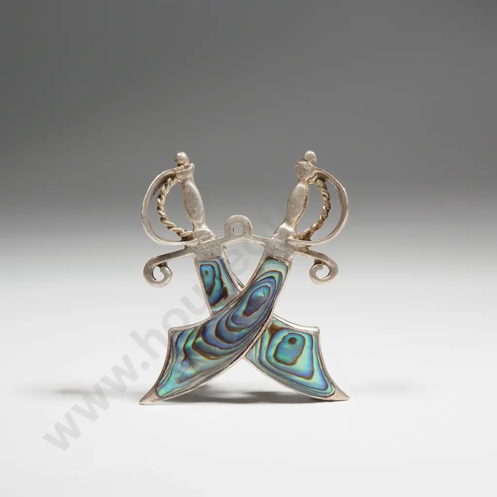 Vintage Sterling Silver & Paua Shell Brooch Depicting Crossed Scimitars Image 1++
