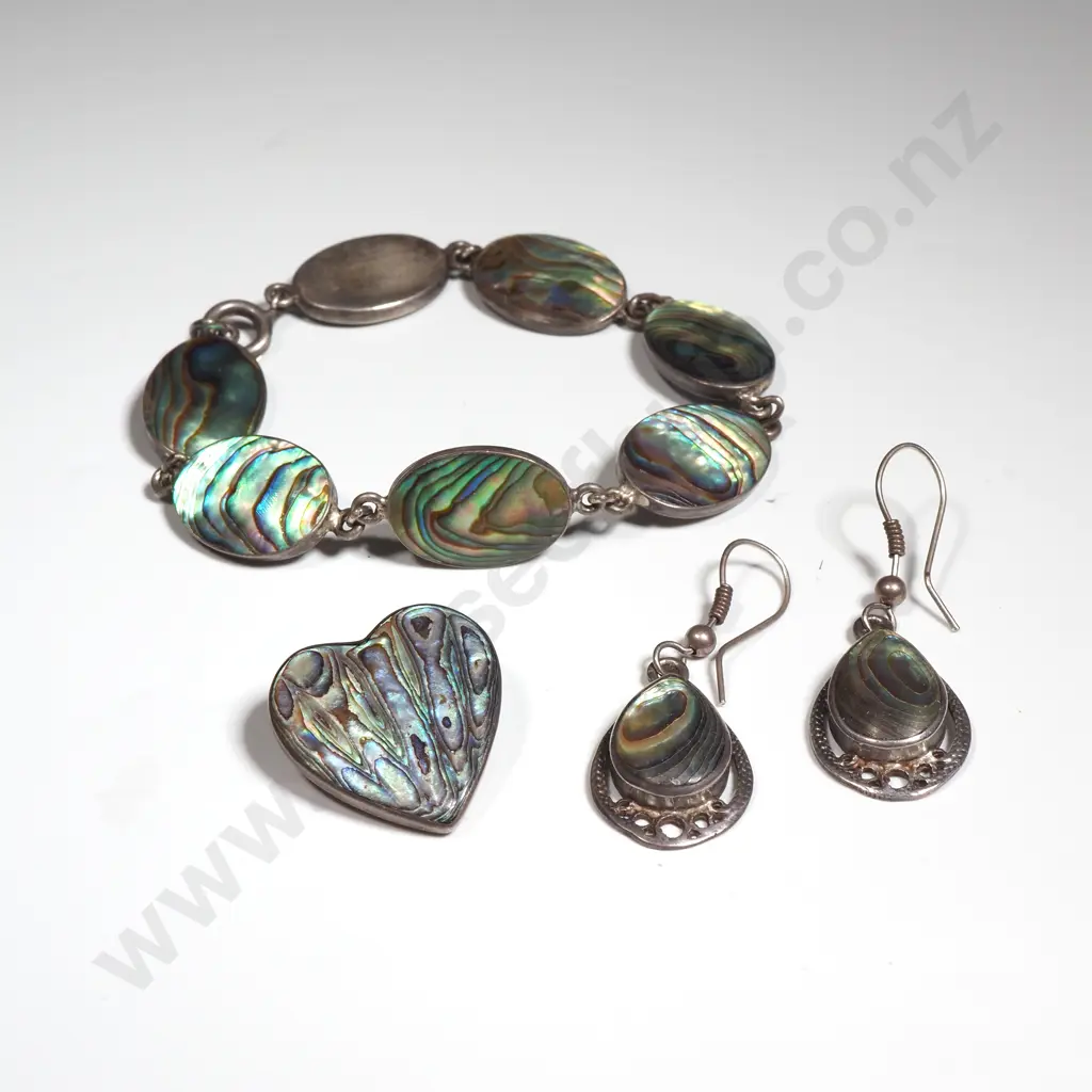 Vintage Sterling Silver & Paua Shell Bracelet, Earrings & Heart Shaped Brooch Image 1++