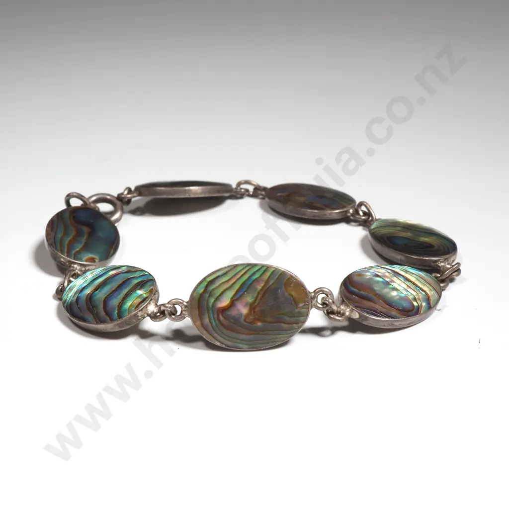 Vintage Sterling Silver & Paua Shell Bracelet, Earrings & Heart Shaped Brooch Image 1++