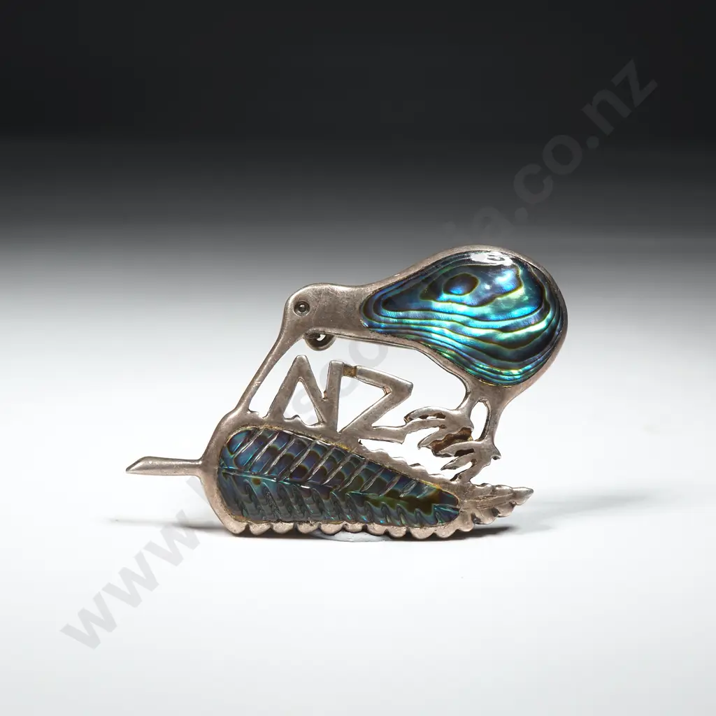 Sterling Silver & Paua Shell NZ Kiwi Brooch Image 1++