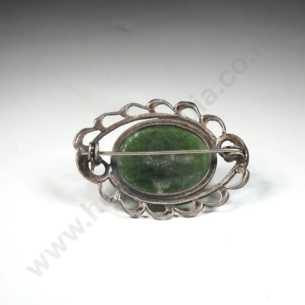Greenstone Oval Brooch w Ornate Marcasite Mount Image 1++
