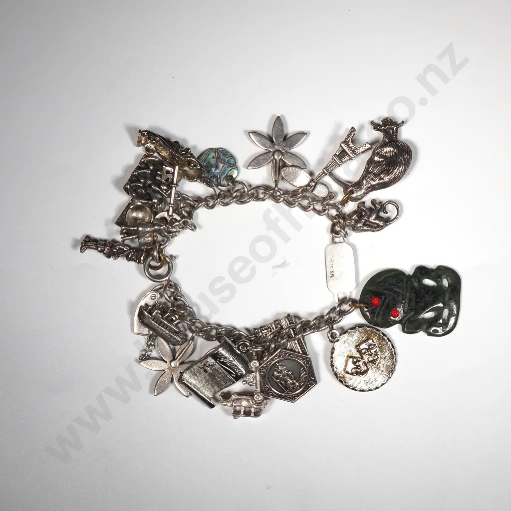 Exceptional Cased New Zealand Themed Sterling Silver Charm Bracleet - Incl Tiki / Kiwi / Paua Image 1++