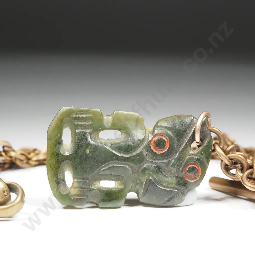 Antique Brass Double Albert Chain w New Zealand Greenstone Tiki Image 1++