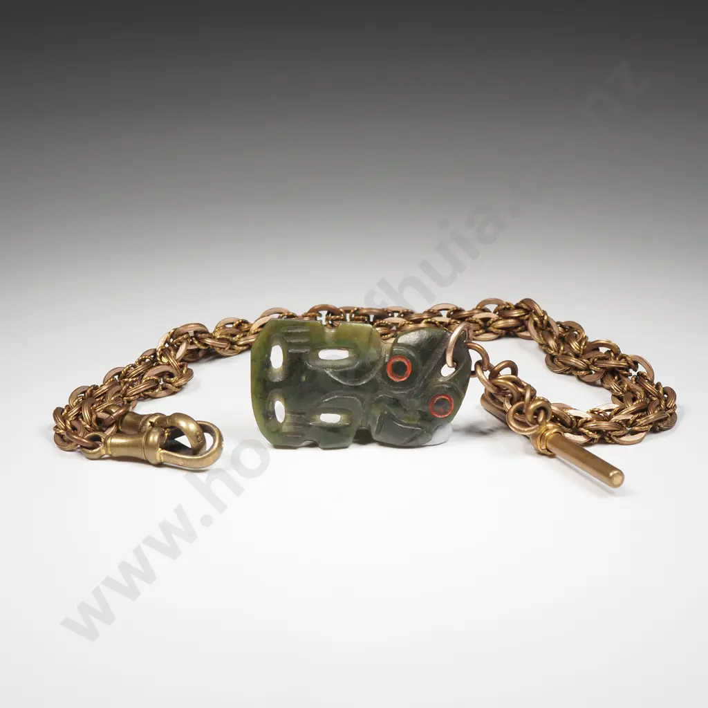 Antique Brass Double Albert Chain w New Zealand Greenstone Tiki Image 1++