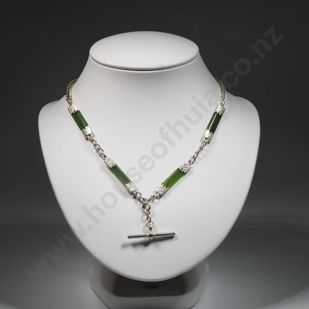 Colonial Sterling Silver & Greenstone T Bar Fob Necklace Image 1++