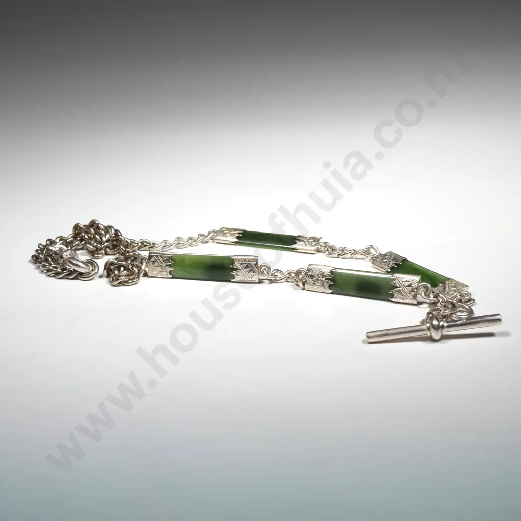 Colonial Sterling Silver & Greenstone T Bar Fob Necklace Image 1++