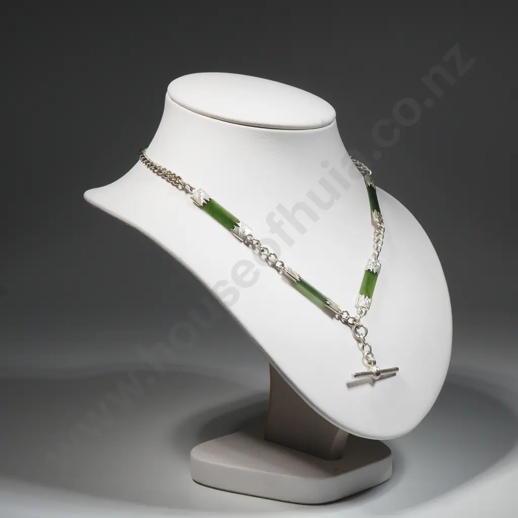 Colonial Sterling Silver & Greenstone T Bar Fob Necklace Image 1++