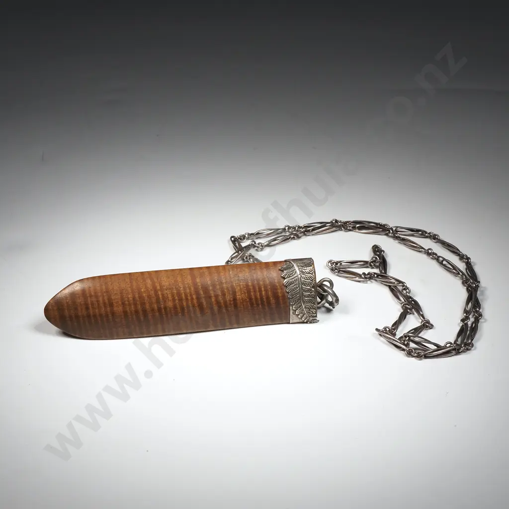 New Zealand Native Wood pendant w Sterling Silver Fern Leaf End Cap on a Sterling Silver Chain Image 1++