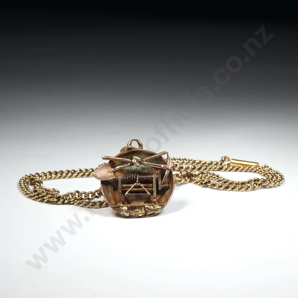 Scarce Colonial Gold Miners Pendant in 15ct Gold on Antique 9ct Gold Chain - Pendant with Windlass, Pick, Shovel, Gold N Image 1++