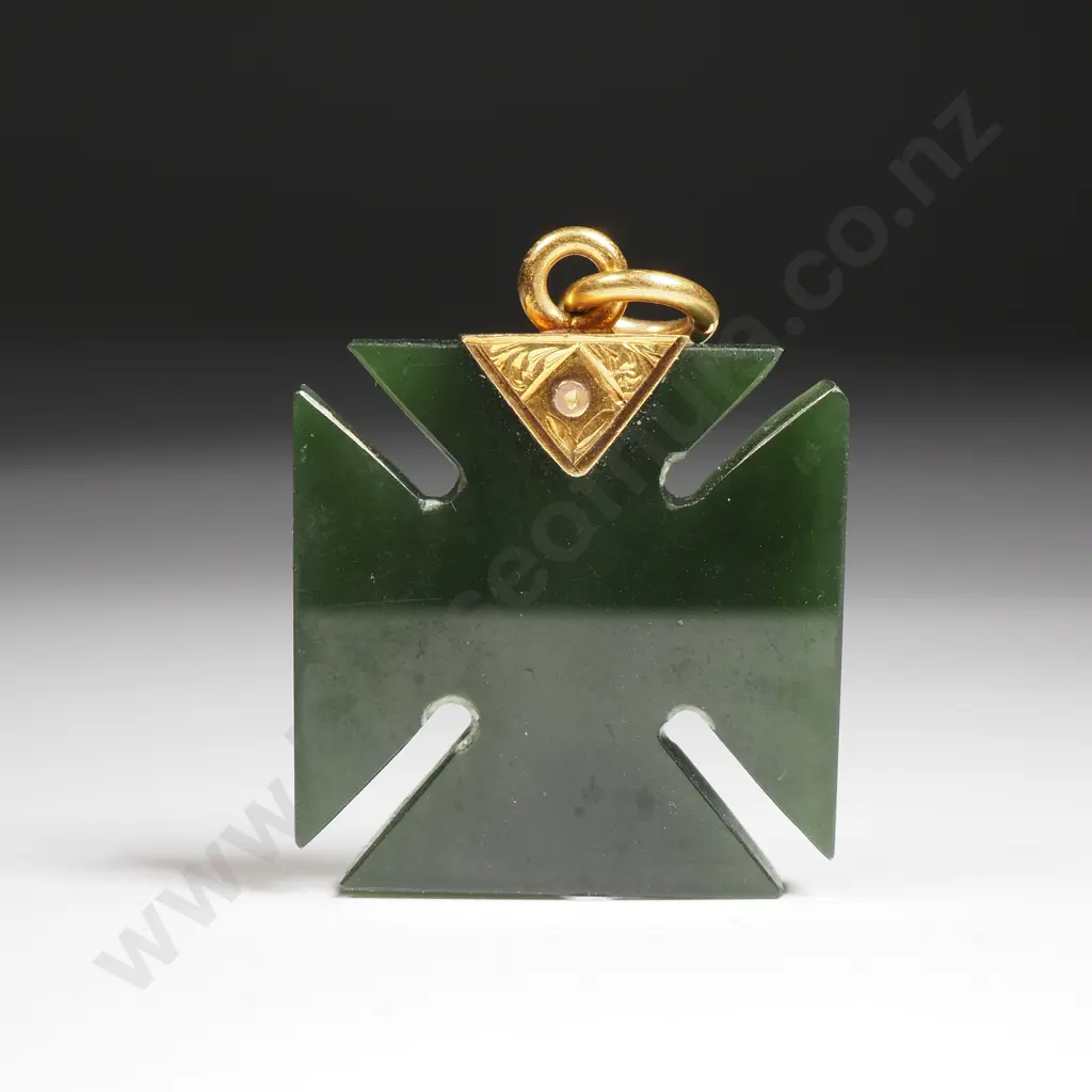 Antique Greenstone Maltese Cross w 9ct Gold Bail Image 1++