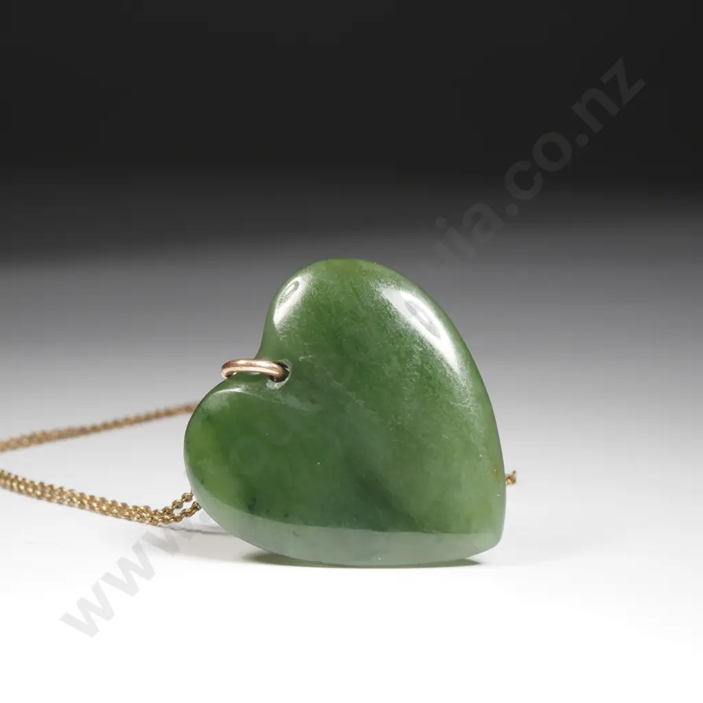 Antique Greenstone Heart Pendant w 9ct Gold Bail & Plate Chain Image 1++