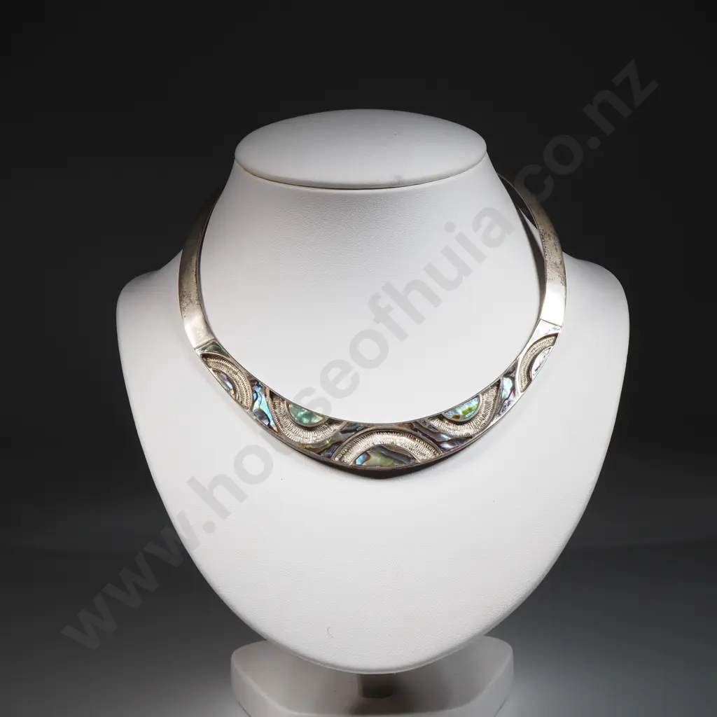 Fancy Sterling Silver & Paua Collar Necklace, Stamped 925 Image 1++