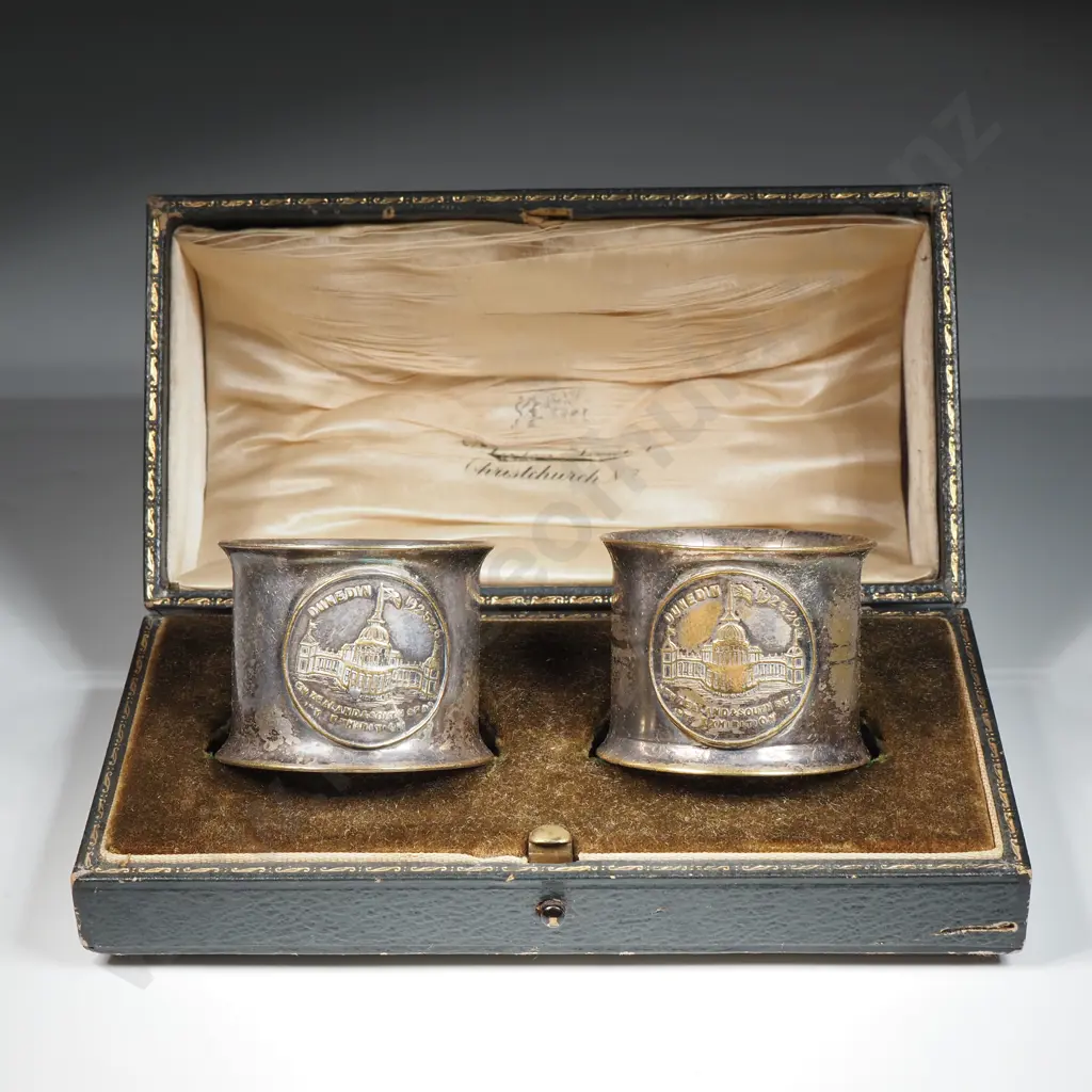 Pair of 1925/26 Dunedin Exhibition S/P Napkin Rings in Original Petersons Limited Christchurch Box Image 1++