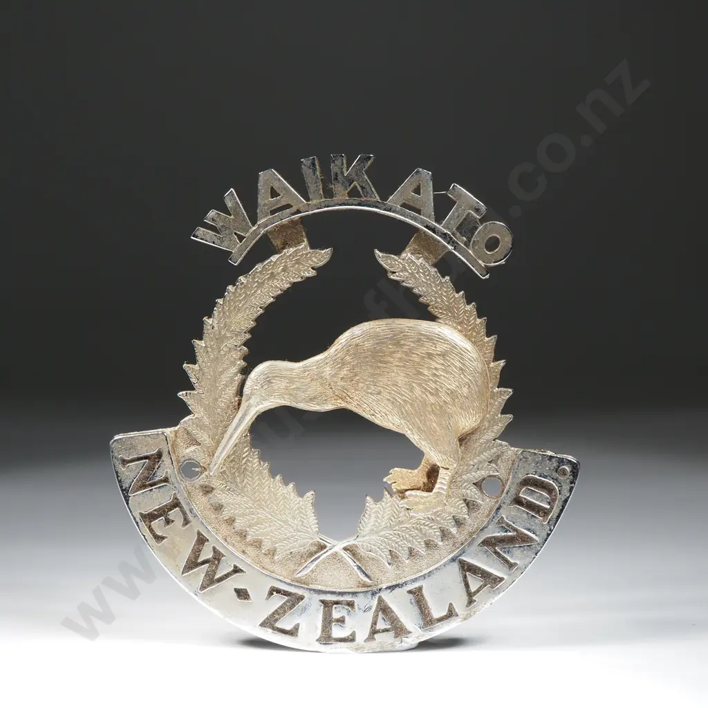 Car Grill Badge w Kiwi, Fern Leaves & 'Waikato New Zealand' Image 1++