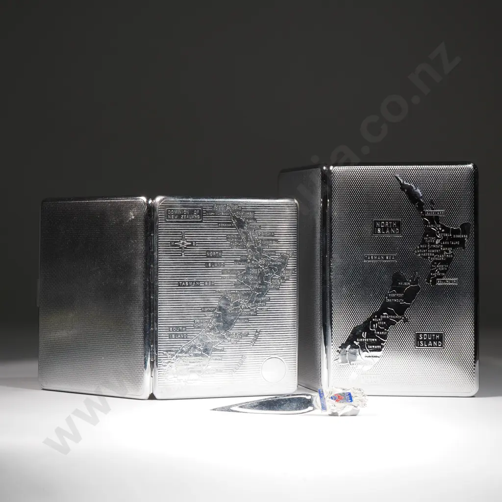 Two Vintage Chrome Cigarette Cases w New Zealand Map, & a Chrome Bookmark, Christchurch Souvenir Image 1++