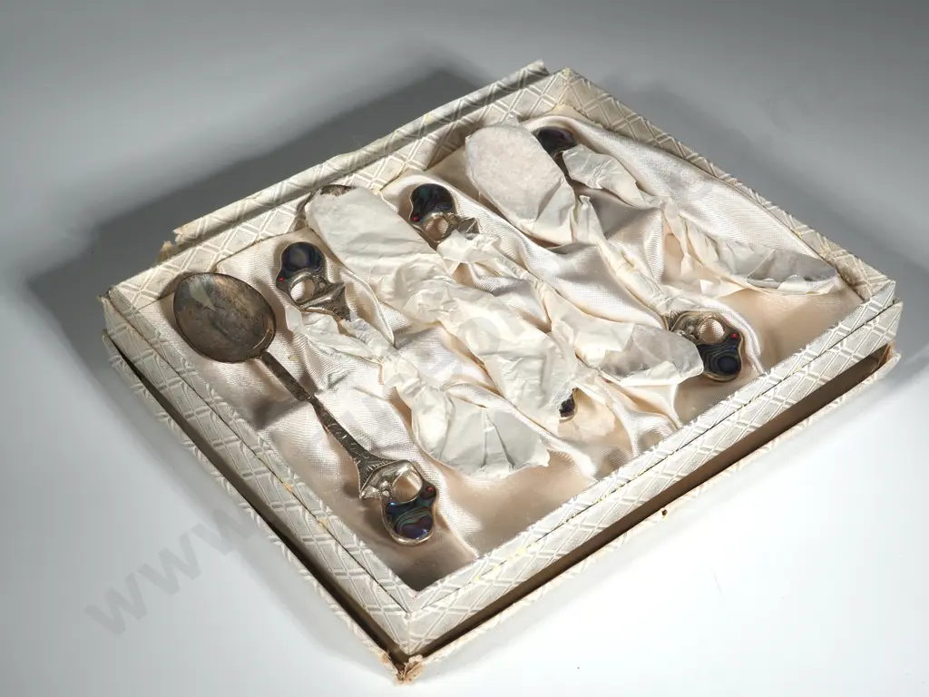 Boxed Set of Six Sterling Silver & Paua Shell Kiwi Spoons Image 1++