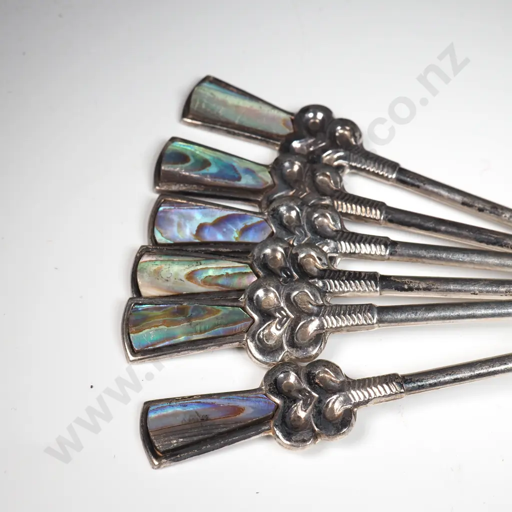 Set Of Six New Zealand Sterling Silver Paua Shell & Tiki Teaspoons Image 1++