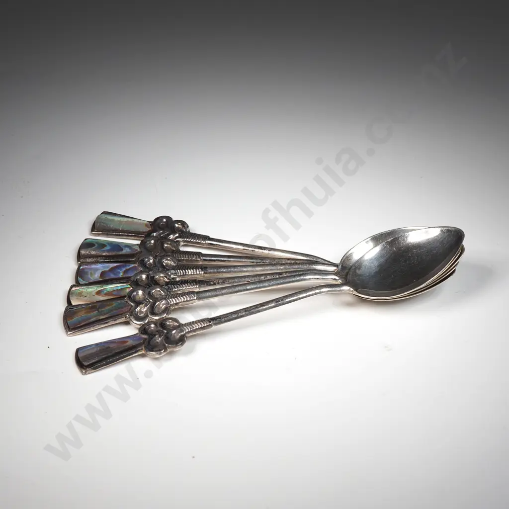 Set Of Six New Zealand Sterling Silver Paua Shell & Tiki Teaspoons Image 1++